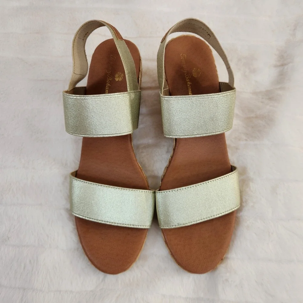 Tommy Bahama Sakura Gold Metallic Espadrille Wedge‎ Sandals Womens Size 10M